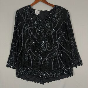 Vintage Sténay Blouse Top Women's 18 Black Floral Embellished Silk Scalloped Hem